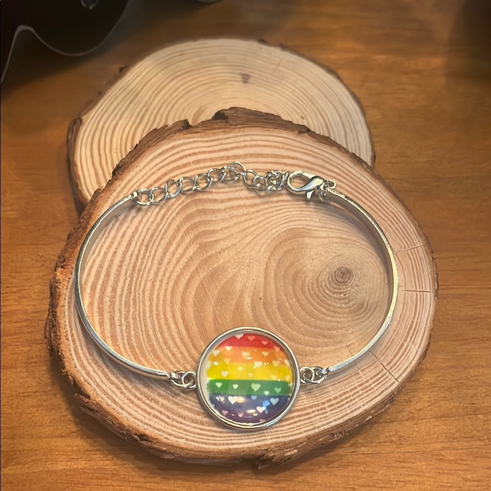 Hand Crafted Rainbow Hearts Pride Stainless Steel Bracelet